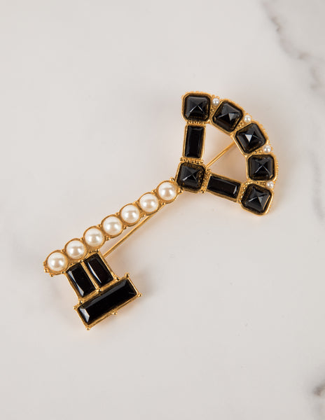 Karl Lagerfeld Vintage Pearl and Black Gem Gold Plated Key Brooch