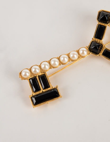 Karl Lagerfeld Vintage Pearl and Black Gem Gold Plated Key Brooch