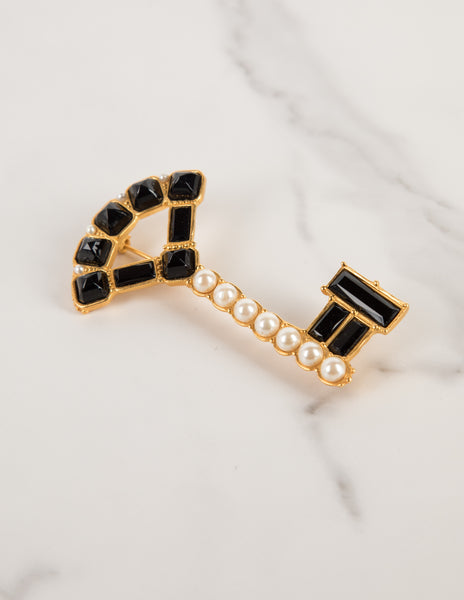Karl Lagerfeld Vintage Pearl and Black Gem Gold Plated Key Brooch