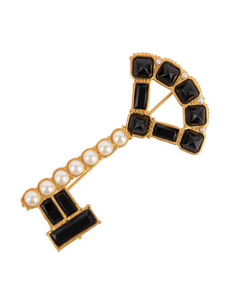 Karl Lagerfeld Vintage Pearl and Black Gem Gold Plated Key Brooch