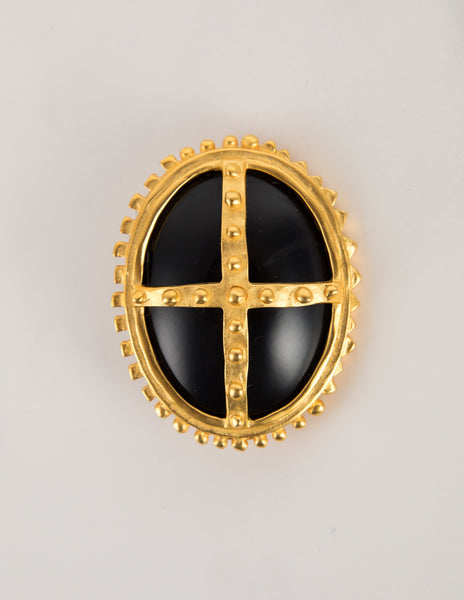 Karl Lagerfeld Vintage Gold Plated Bolted Framed Polished Black Cabochon Brooch