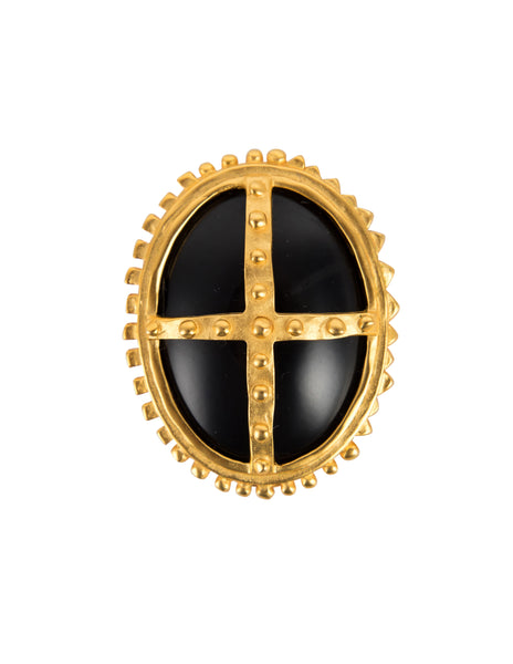 Karl Lagerfeld Vintage Gold Plated Bolted Framed Polished Black Cabochon Brooch