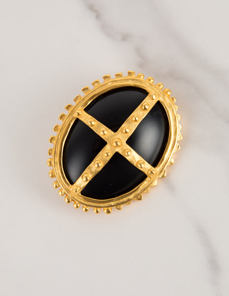 Karl Lagerfeld Vintage Gold Plated Bolted Framed Polished Black Cabochon Brooch