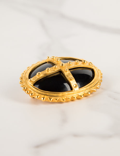 Karl Lagerfeld Vintage Gold Plated Bolted Framed Polished Black Cabochon Brooch
