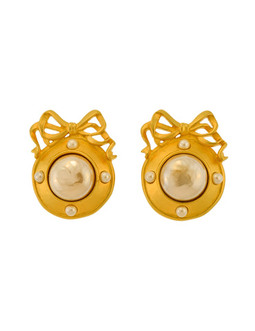 Karl Lagerfeld Vintage Large Brushed Gold Bow Frame Pearl Earrings