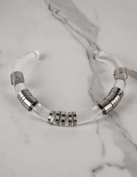 Chloe (attributed) Vintage AW 1983 Silver Sliding Lucite 'Pipe' Choker Necklace