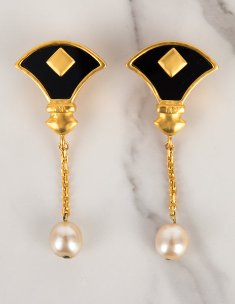 Karl Lagerfeld Vintage Gold Plated Glass Fan Dangling Pearl Statement Earrings