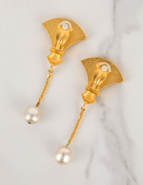 Karl Lagerfeld Vintage Gold Plated Glass Fan Dangling Pearl Statement Earrings