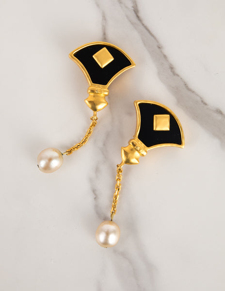 Karl Lagerfeld Vintage Gold Plated Glass Fan Dangling Pearl Statement Earrings