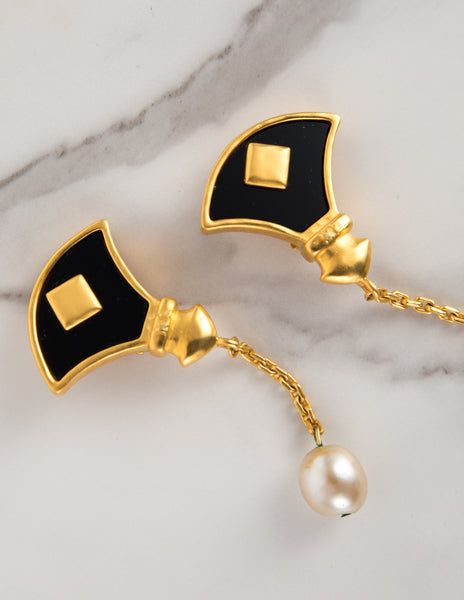 Karl Lagerfeld Vintage Gold Plated Glass Fan Dangling Pearl Statement Earrings
