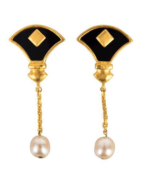 Karl Lagerfeld Vintage Gold Plated Glass Fan Dangling Pearl Statement Earrings