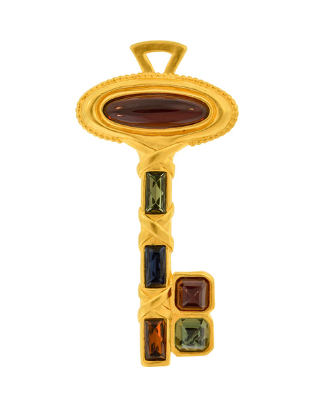 Karl Lagerfeld Vintage Gem Encrusted Brushed Gold Key Brooch Pin