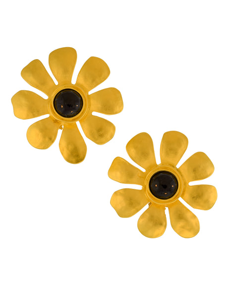 Karl Lagerfeld Vintage SS 1991 Massive Brushed Gold Black Cabochon Flower Statement Earrings