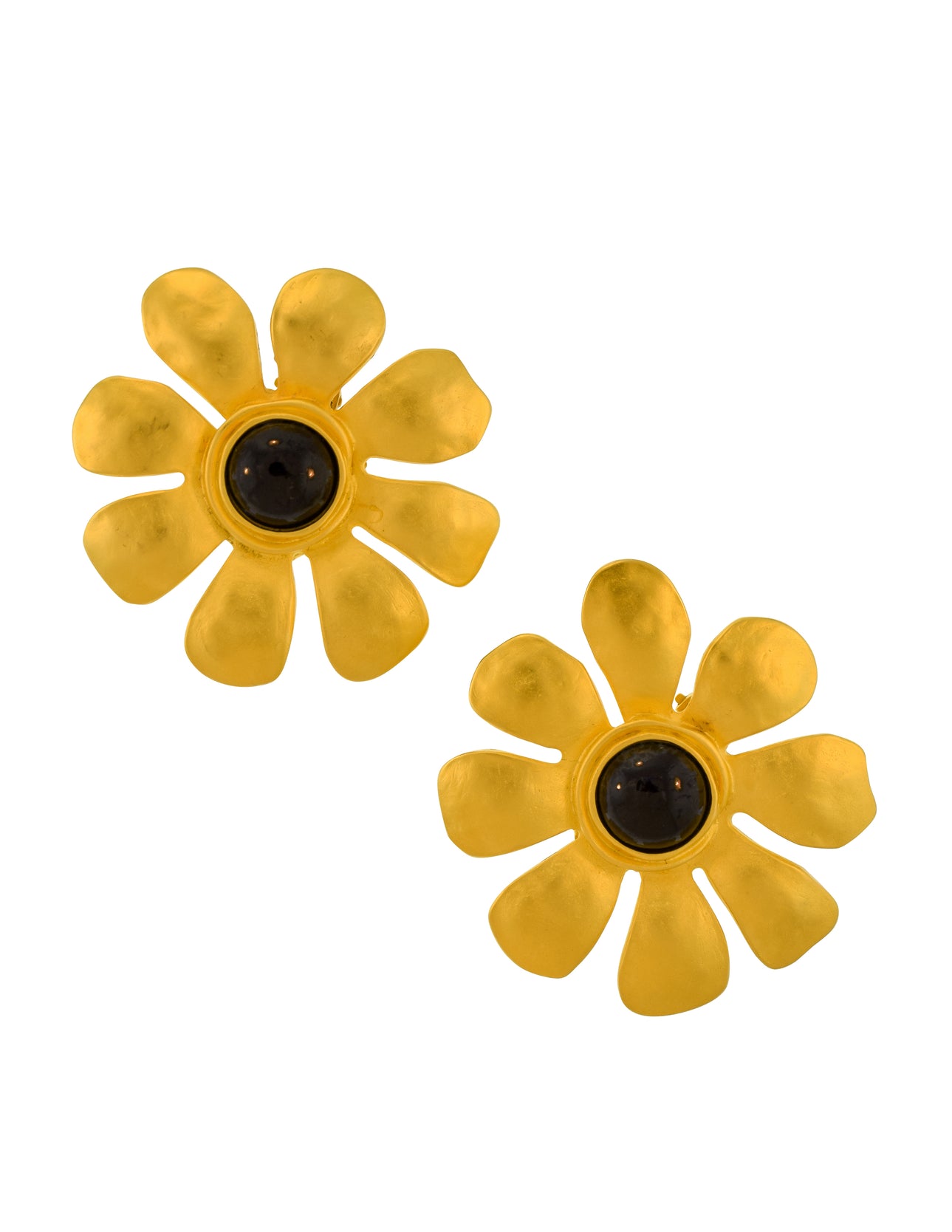 Karl Lagerfeld Vintage SS 1991 Massive Brushed Gold Black Cabochon Flower Statement Earrings