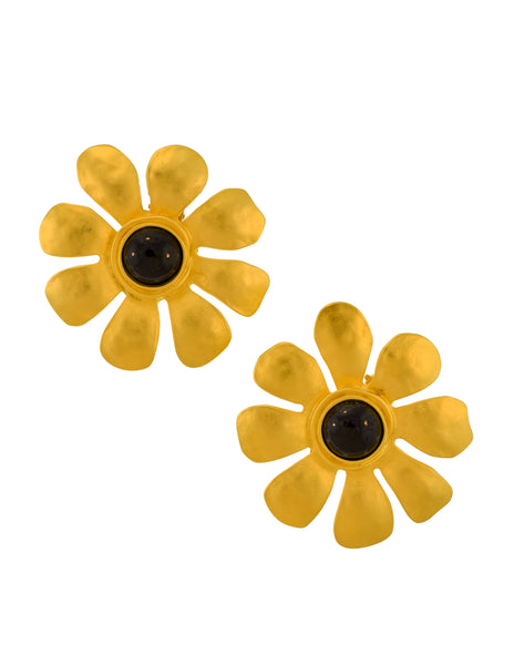 Karl Lagerfeld Vintage SS 1991 Massive Brushed Gold Black Cabochon Flower Statement Earrings