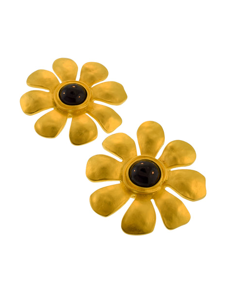 Karl Lagerfeld Vintage SS 1991 Massive Brushed Gold Black Cabochon Flower Statement Earrings