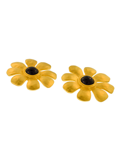 Karl Lagerfeld Vintage SS 1991 Massive Brushed Gold Black Cabochon Flower Statement Earrings