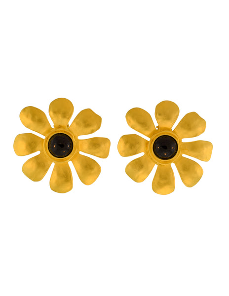 Karl Lagerfeld Vintage SS 1991 Massive Brushed Gold Black Cabochon Flower Statement Earrings