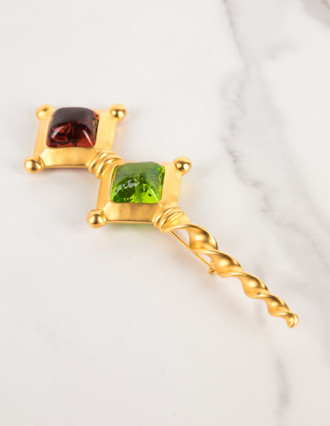 Karl Lagerfeld Vintage Amber and Green Gripoix Golden Wand Brooch
