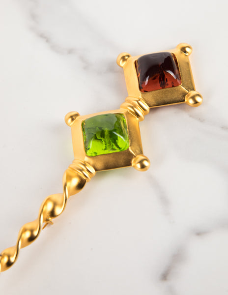 Karl Lagerfeld Vintage Amber and Green Gripoix Golden Wand Brooch