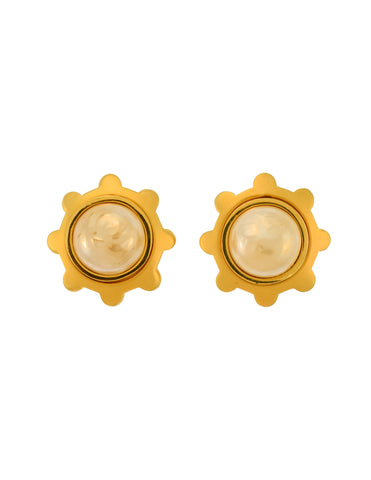 Karl Lagerfeld Vintage SS 1991 Brushed Gold Gear Frame Baroque Pearl Earrings