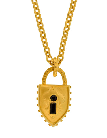 Karl Lagerfeld Vintage Brushed Gold Black Glass Padlock Pendant Necklace