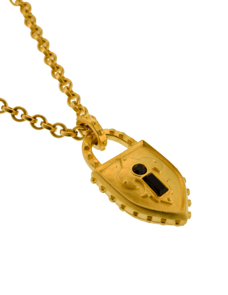 Karl Lagerfeld Vintage Brushed Gold Black Glass Padlock Pendant Necklace