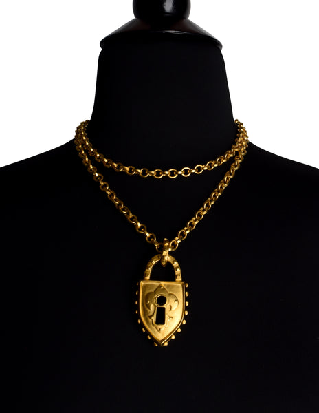 Karl Lagerfeld Vintage Brushed Gold Black Glass Padlock Pendant Necklace