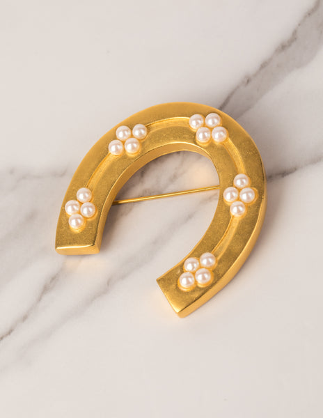 Karl Lagerfeld Vintage Pearl Accented Golden Horseshoe Brooch
