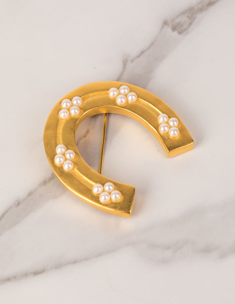 Karl Lagerfeld Vintage Pearl Accented Golden Horseshoe Brooch