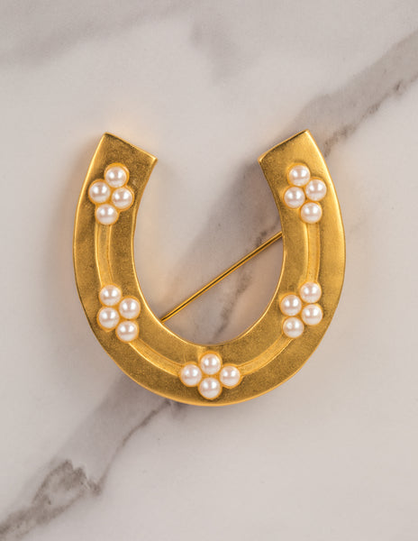 Karl Lagerfeld Vintage Pearl Accented Golden Horseshoe Brooch