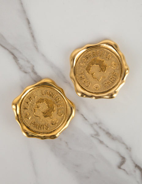 Karl Lagerfeld Vintage Massive Golden Wax Seal Motif Statement Earrings