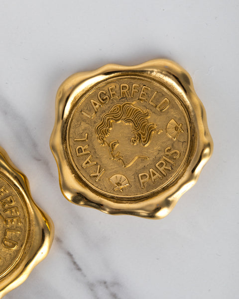 Karl Lagerfeld Vintage Massive Golden Wax Seal Motif Statement Earrings