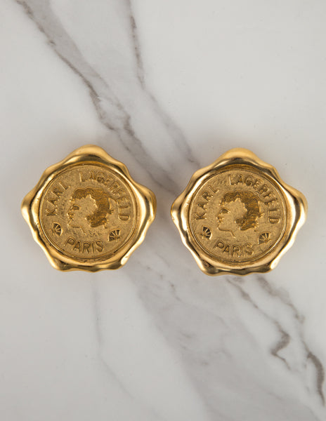 Karl Lagerfeld Vintage Massive Golden Wax Seal Motif Statement Earrings