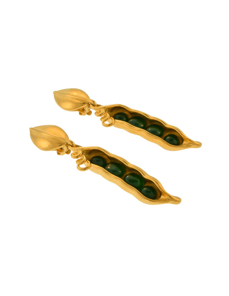 Karl Lagerfeld Vintage Golden Green Glass Pea Pod Dangle Statement Earrings