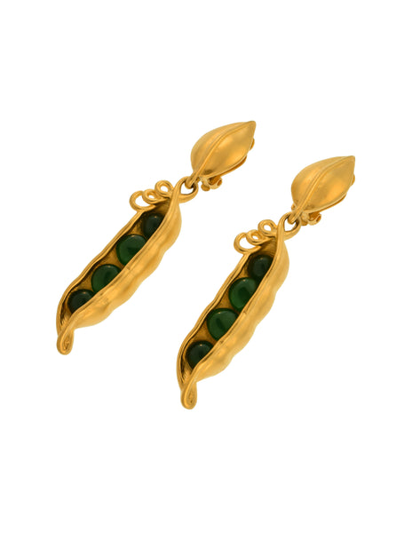 Karl Lagerfeld Vintage Golden Green Glass Pea Pod Dangle Statement Earrings