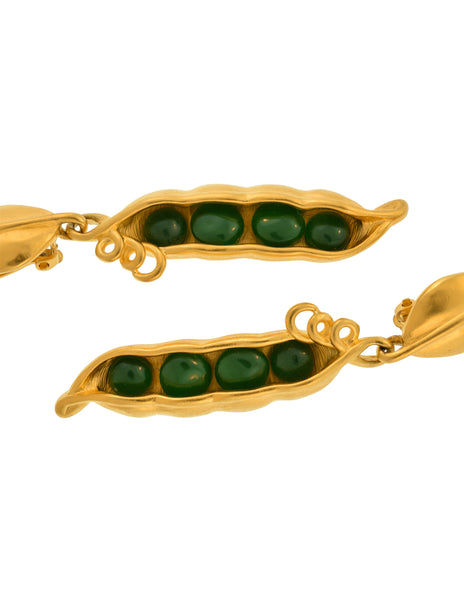 Karl Lagerfeld Vintage Golden Green Glass Pea Pod Dangle Statement Earrings