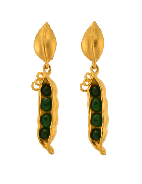 Karl Lagerfeld Vintage Golden Green Glass Pea Pod Dangle Statement Earrings