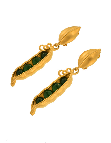 Karl Lagerfeld Vintage Golden Green Glass Pea Pod Dangle Statement Earrings