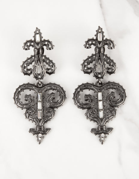 Karl Lagerfeld Vintage Massive Gunmetal Baroque Fleur de Lis Statement Earrings