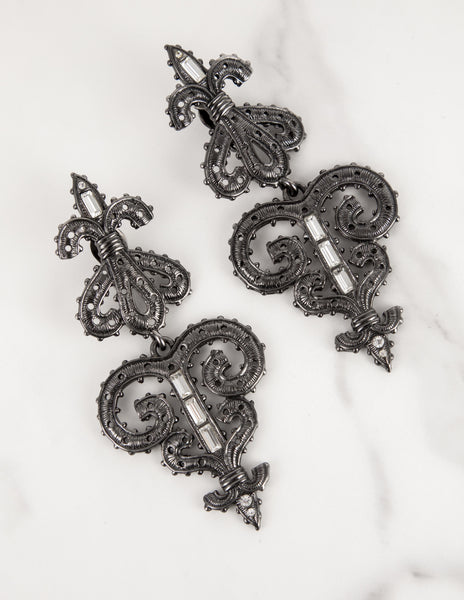 Karl Lagerfeld Vintage Massive Gunmetal Baroque Fleur de Lis Statement Earrings