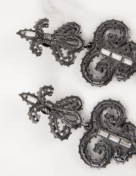 Karl Lagerfeld Vintage Massive Gunmetal Baroque Fleur de Lis Statement Earrings