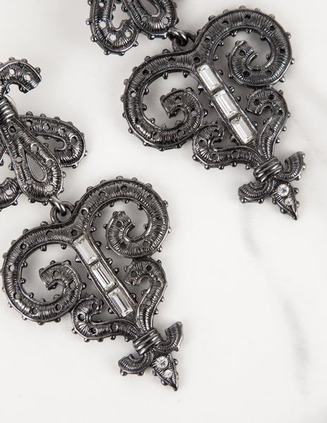 Karl Lagerfeld Vintage Massive Gunmetal Baroque Fleur de Lis Statement Earrings