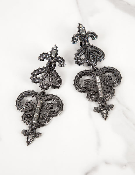 Karl Lagerfeld Vintage Massive Gunmetal Baroque Fleur de Lis Statement Earrings