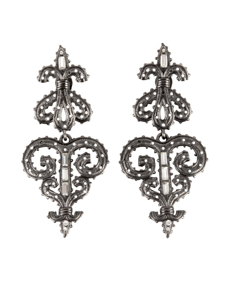 Karl Lagerfeld Vintage Massive Gunmetal Baroque Fleur de Lis Statement Earrings