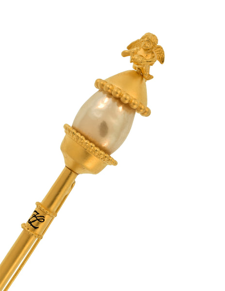 Karl Lagerfeld Vintage Golden Cherub Pearl Sceptre Brooch Pin