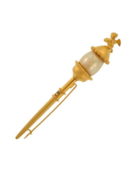 Karl Lagerfeld Vintage Golden Cherub Pearl Sceptre Brooch Pin