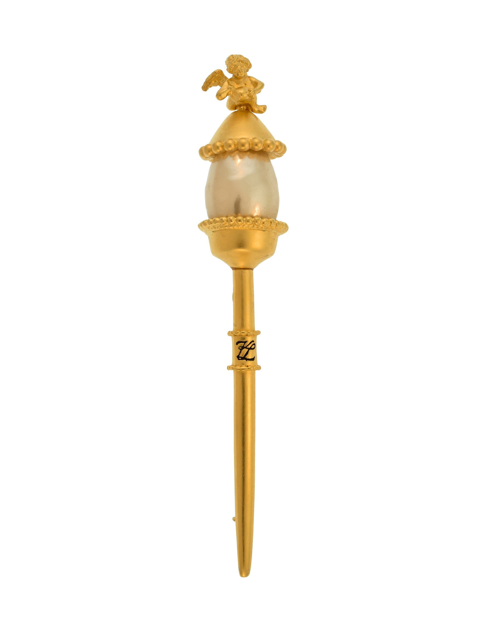 Karl Lagerfeld Vintage Golden Cherub Pearl Sceptre Brooch Pin
