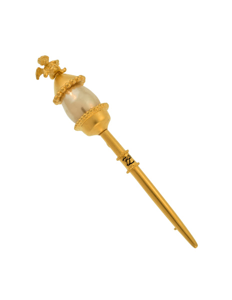 Karl Lagerfeld Vintage Golden Cherub Pearl Sceptre Brooch Pin