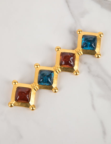 Karl Lagerfeld Vintage Amber and Blue Gripoix Golden Long Brooch